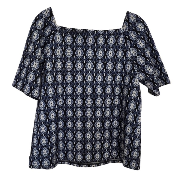 LOFT Blue Diamond Jacquard Square Neck Top, Size Small - Picture 4 of 8